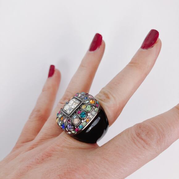 Y2K Princess Amanda Borghese Cocktail Ring Rainbow Rhinestones Gunmetal Size 7 - Picture 3 of 12